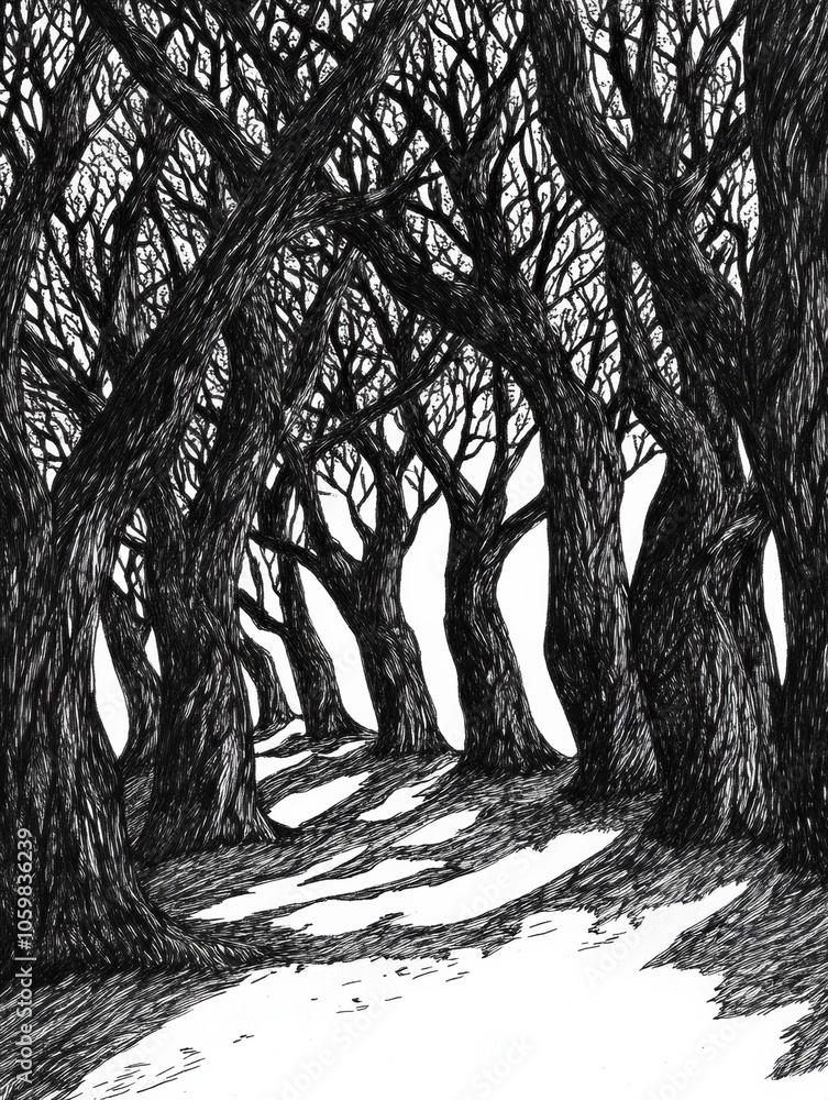 Poster the artwork captures a dense forest filled with intricately detailed trees and deep shadows, invitin