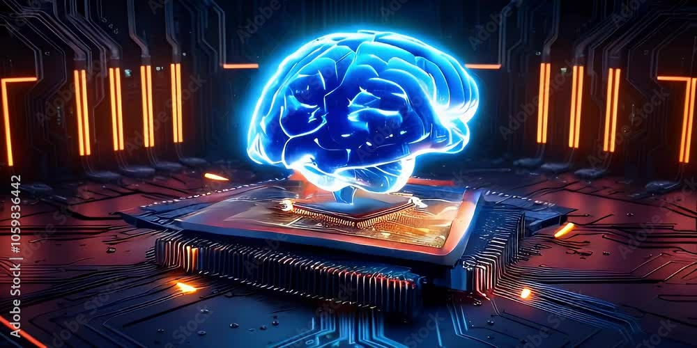 Poster a glowing blue brain sits on a cpu chip, representing artificial intelligence.