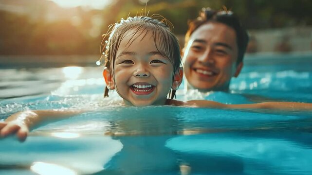 A lovely Asian girl and her father are having fun in the condo pool.