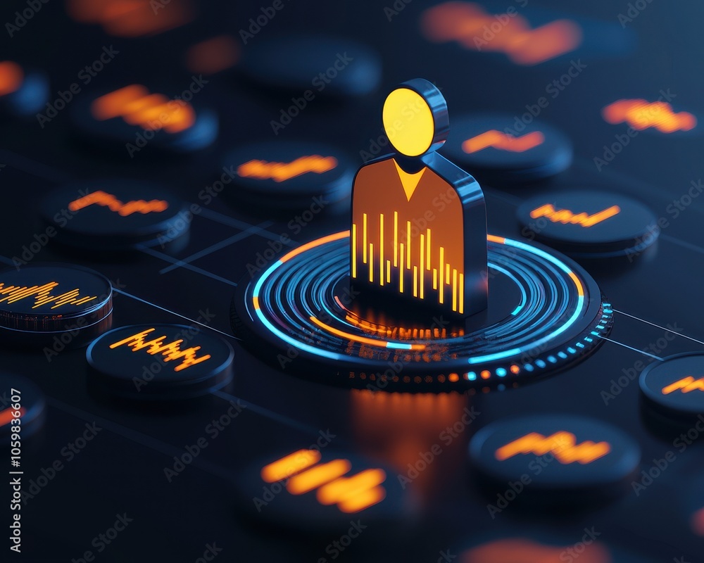 Poster digital avatar on interface with sound waves and data symbols, blue and orange design.