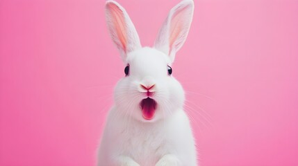 Obraz premium Portrait of a white cute rabbit with surprised expression on a pink background,surprised looking rabbit