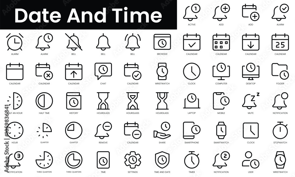Poster set of outline date and time icons. minimalist thin linear web icon set. vector illustration.