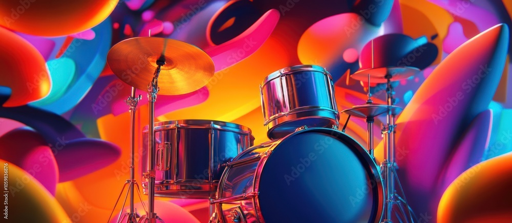 Poster a drum set in a colorful abstract background.
