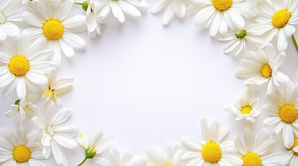 Fototapeta premium Oval floral frame of hand-painted daisies in a delicate and charming arrangement, featuring intricate white and yellow blooms with soft green leaves, perfect for invitations, cards, and decorative art