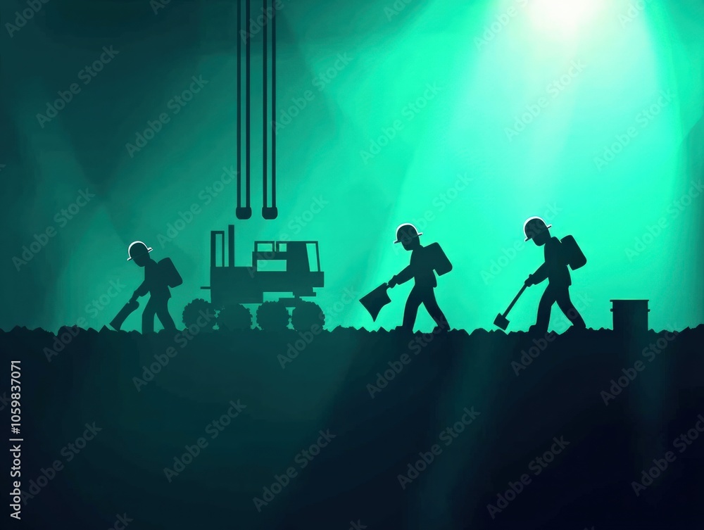 Poster workers engaged in mining operations under mysterious lighting conditions