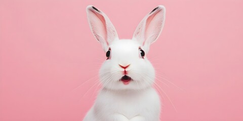 Obraz premium Portrait of a white cute rabbit with surprised expression on a pink background,surprised looking rabbit