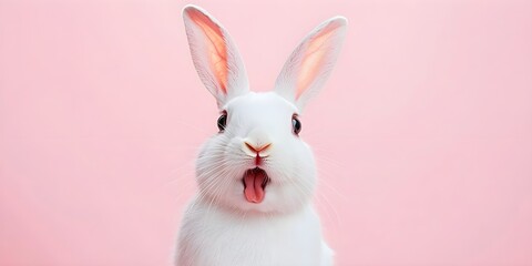 Obraz premium Portrait of a white cute rabbit with surprised expression on a pink background,surprised looking rabbit