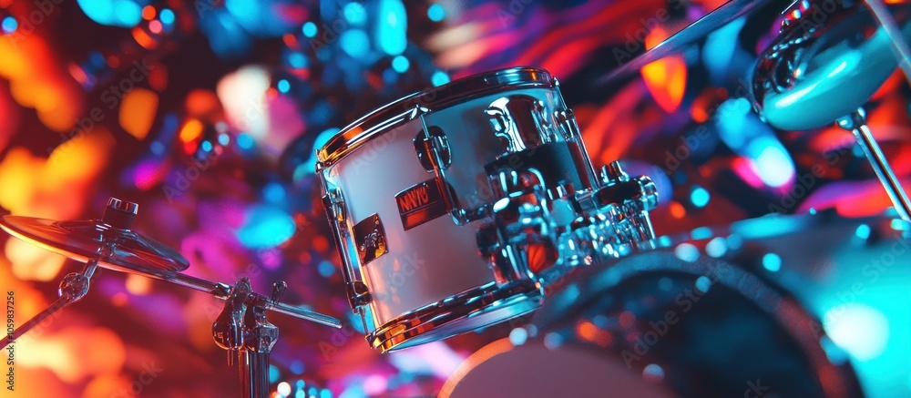 Poster close-up shot of a drum set with bright bokeh lights.