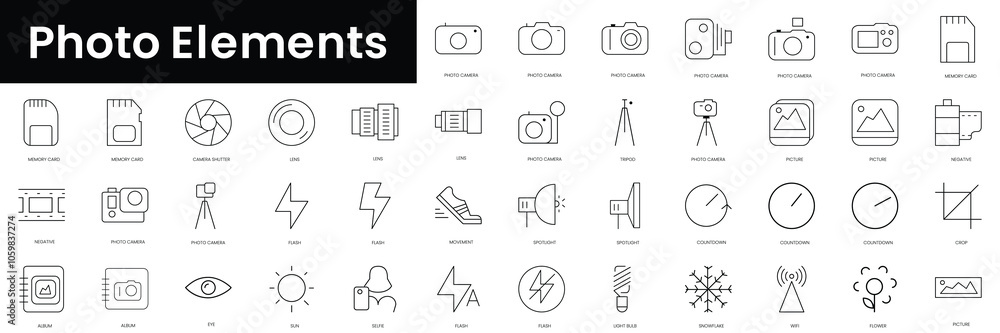 Poster set of outline photo elements icons. minimalist thin linear web icon set. vector illustration.