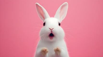 Obraz premium Portrait of a white cute rabbit with surprised expression on a pink background,surprised looking rabbit
