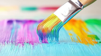 Fototapeta premium A closeup of a brush touching the canvas, capturing the vibrant colors in soft focus for a dreamy art feel.