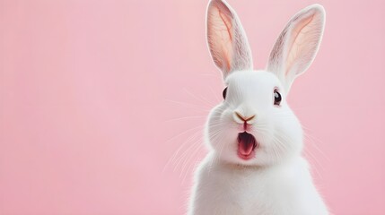 Obraz premium Portrait of a white cute rabbit with surprised expression on a pink background,surprised looking rabbit
