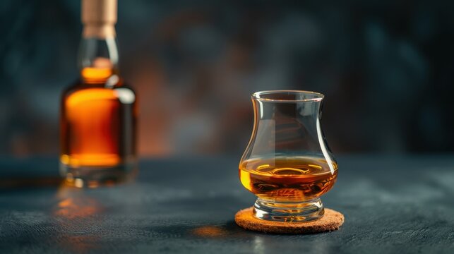 A rich glass of whisky glimmers as a softfocus bottle looms in the backdrop, creating a mood of relaxation.