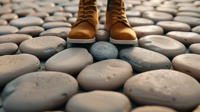 A serene moment captured with a tourist relaxing on a rock surrounded by a tranquil garden of pebbles.