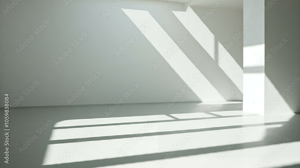 Poster a minimalist room with white walls and sunlight casting sharp shadows from a window.