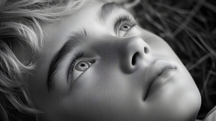 Fototapeta premium A child with light blonde hair and expressive eyes lies on the ground, gazing thoughtfully upward in a serene environment, as soft light enhances the tranquil moment.