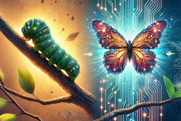 Metamorphosis caterpillar to electric butterfly,