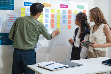 brainstorming session, using sticky notes on a task board (kanban) to organize ideas and workflow in a modern office
