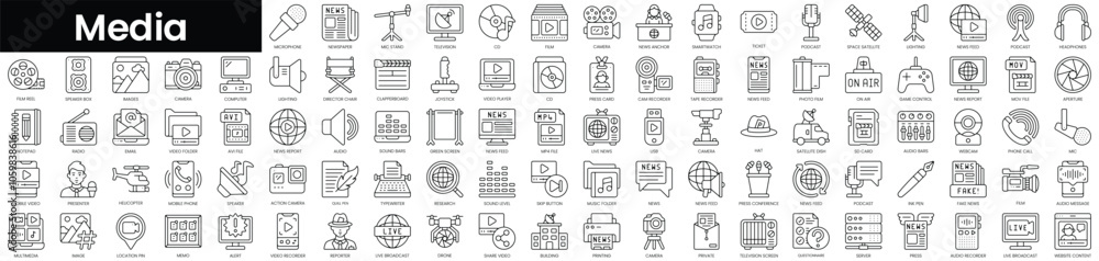 Poster set of outline media icons. minimalist thin linear web icon set. vector illustration.