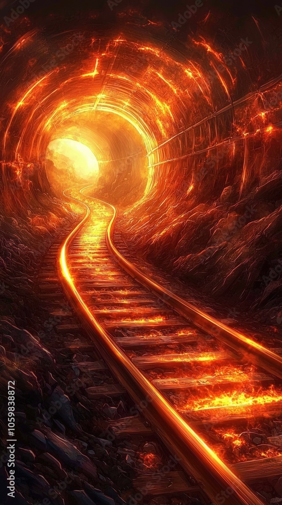 Poster journey through the fiery tunnel a surreal exploration of light and pathways