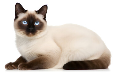A beautiful Siamese kitten with blue eyes and soft fur, isolated on white background, showcasing its adorable features and playful nature