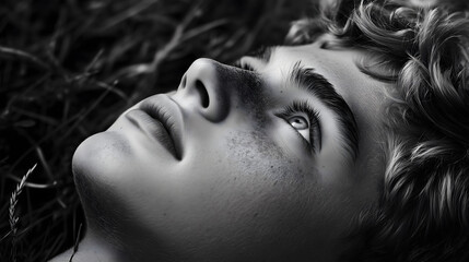 Naklejka premium A young boy with curly hair lies on the grass, looking thoughtfully upward. The sunlight illuminates his face, creating a serene atmosphere as he enjoys a moment of reflection in nature.
