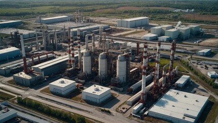 Industrial chemical plant manufacturing products with smoking chimneys