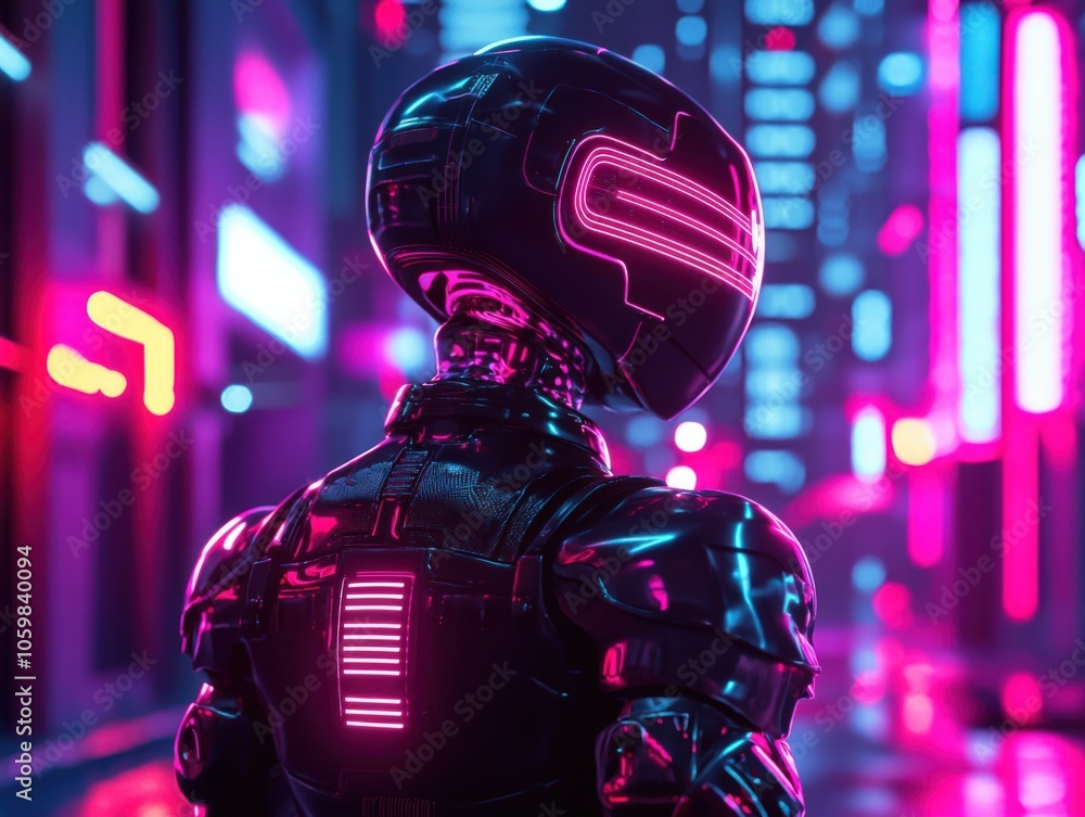 Poster futuristic robot in neon cityscape exploring the intersection of technology and art
