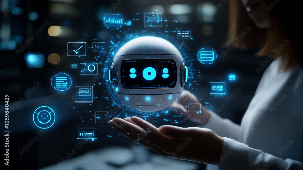 Poster a person interacts with a holographic display of a robot in a modern technology workspace