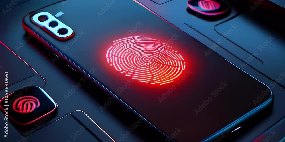 Poster a smartphone with a glowing fingerprint icon on its screen, along with smaller fingerprint icons in 