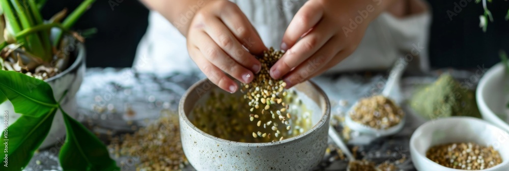 Poster an image of a child adding buckwheat groats to a smoothie showcasing how this superfood can be incor