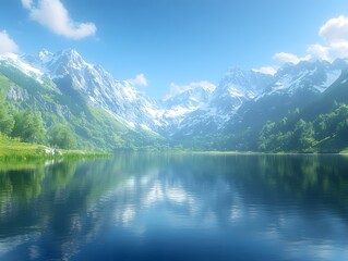 Fototapeta premium Serene mountain landscape with a clear lake reflecting the peaks and lush greenery.