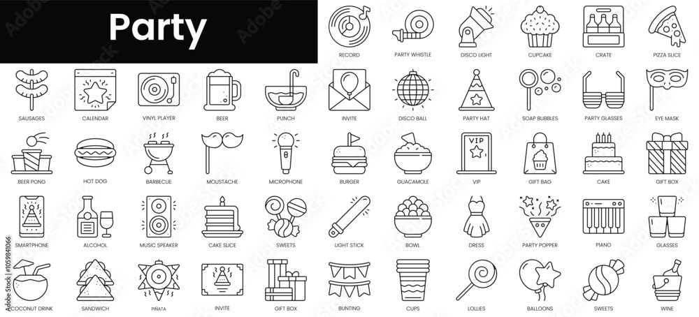 Poster set of outline party icons. minimalist thin linear web icon set. vector illustration.