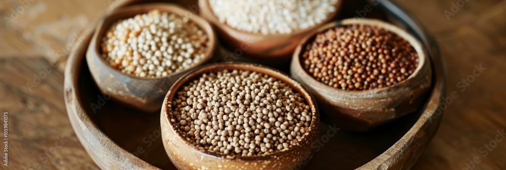 Poster the bowl is filled with various sizes and shapes of buckwheat seeds ranging from small pellets to la