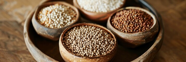 Fototapeta premium The bowl is filled with various sizes and shapes of buckwheat seeds ranging from small pellets to larger teardrop shapes.