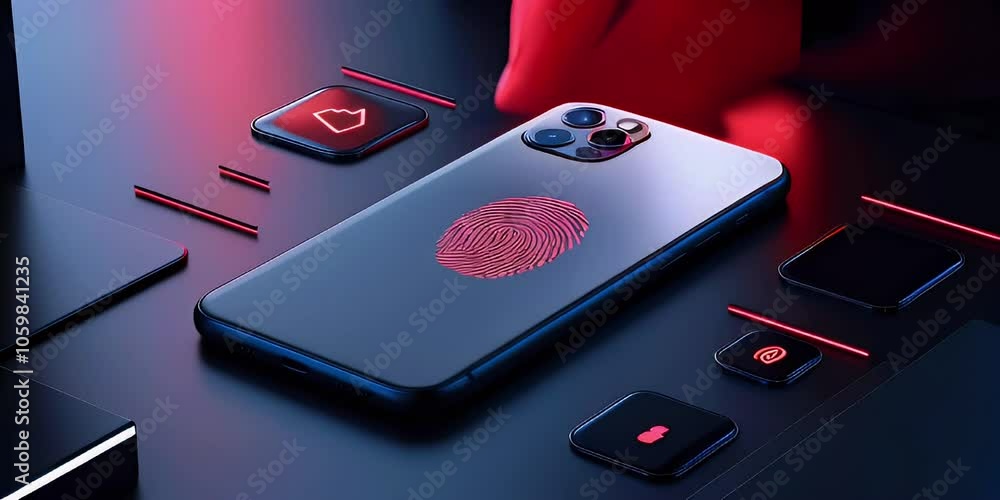 Poster close up of a smartphone with a fingerprint sensor in the center of the screen with red lighting.