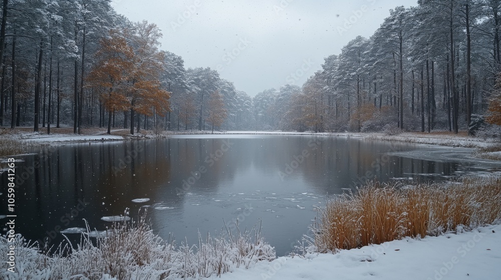 Aufkleber gentle snowflakes fall over a tranquil lake, its surface reflecting the gray sky. surrounding trees 