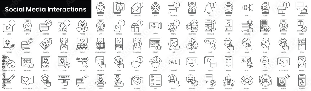 Poster set of outline social media interactions icons. minimalist thin linear web icon set. vector illustra