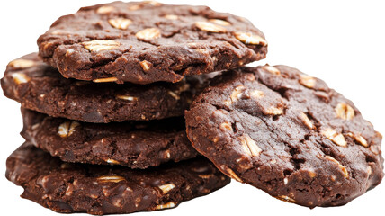 Obraz premium Stack of chocolate oatmeal cookies on transparent background, close-up view. Sweet dessert and baking concept