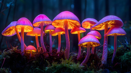 Glowing Purple Mushrooms in a Dark Forest - 3D Illustration