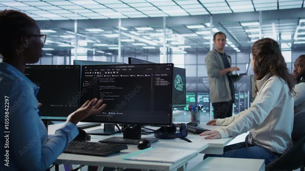 Poster angry woman getting computer crash while trying to fix error in high tech data center. furious emplo