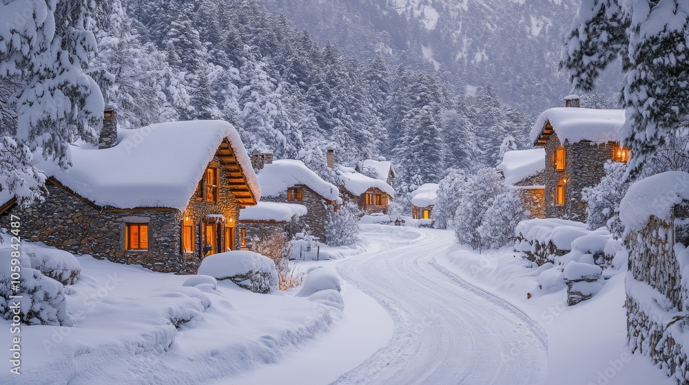 Aufkleber charming cottages blanketed in fresh snow create a picturesque atmosphere as warm light spills from 