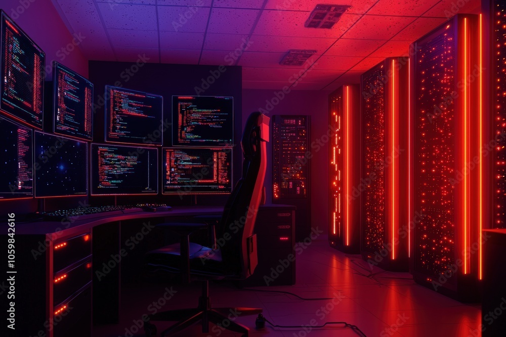 Poster futuristic data center with glowing displays and high-tech environment