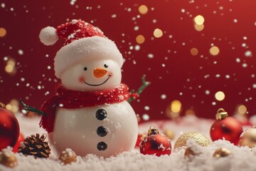 Fototapeta premium Snowman wearing red scarf, red hat, standing in snowy landscape, surrounded by snow-covered trees, winter scene.