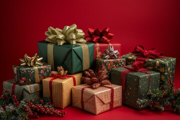 Obraz premium Colorful pile of wrapped gifts with ribbons, ready for celebration, on white background. Holiday cheer.