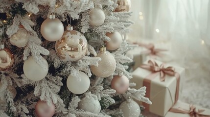Obraz premium White Christmas tree adorned with pink, gold ornaments, creating festive, elegant holiday display.