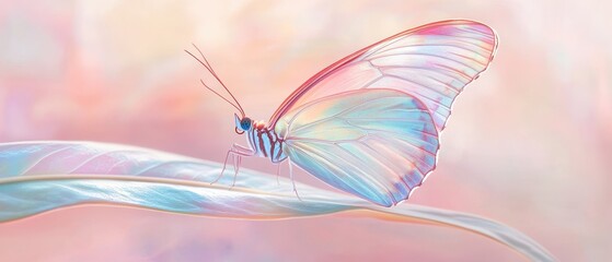 Fototapeta premium A butterfly is perched on a leaf. The butterfly is white and has a blue and pink hue. The image has a dreamy, ethereal quality to it