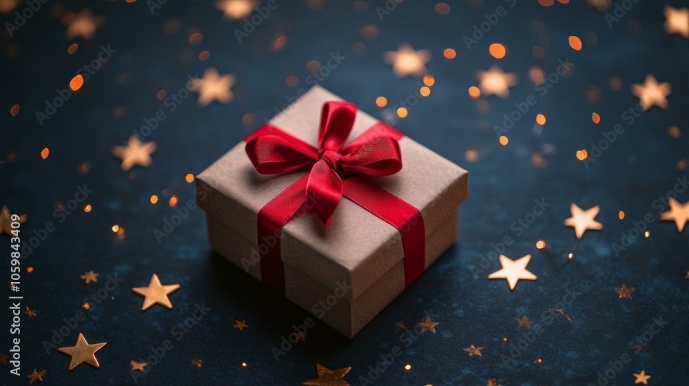 Wall mural brown box with red bow placed on blue surface, creating contrast in simple, elegant composition.