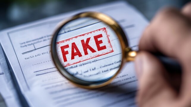 Close-up of a hand holding a magnifying glass over a document with a red FAKE stamp for fraud detection