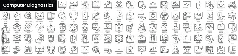 Poster set of outline computer diagnostics icons. minimalist thin linear web icon set. vector illustration.